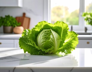 Frischer grüner Salatkopf auf einer Marmorarbeitsfäche in einer Küche,im sanften natürlichen Licht