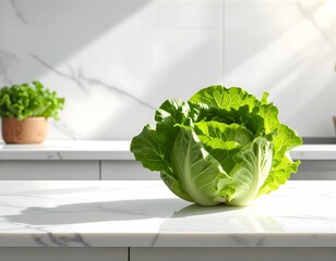 Frischer grüner Salatkopf auf einer Marmorarbeitsfäche in einer Küche,im sanften natürlichen Licht