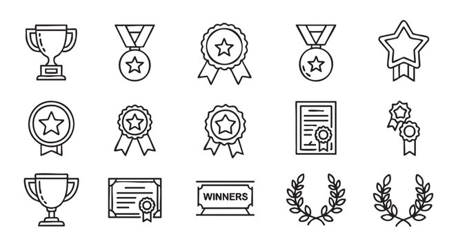 Achievement icons set of award medal cup and certificate design