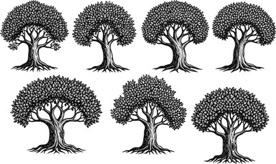 Flat vector illustration of decorative tree silhouettes, black botanical icons, nature design elements, forest plant shapes, artistic foliage graphics