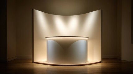Illuminated modern reception desk with curved backdrop against dark walls and polished wooden floor
