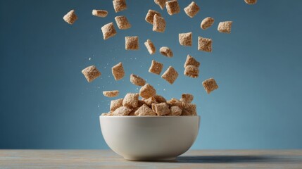 Square cereal pieces falling into a white bowl on a wooden surface Breakfast