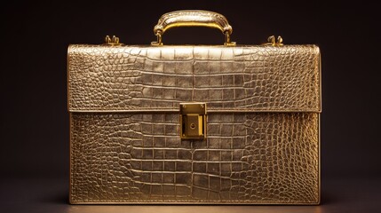Luxurious gold embossed crocodile leather briefcase with a gold latch and handle