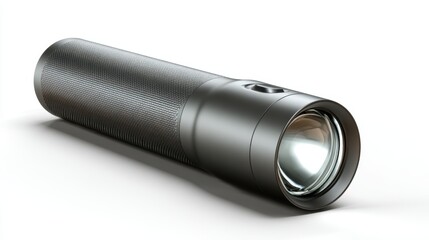 A modern metallic tactical flashlight rests on a stark white background