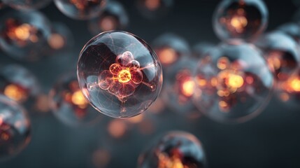 Microscopic view of glowing cells in a fluid environment abstract science and technology