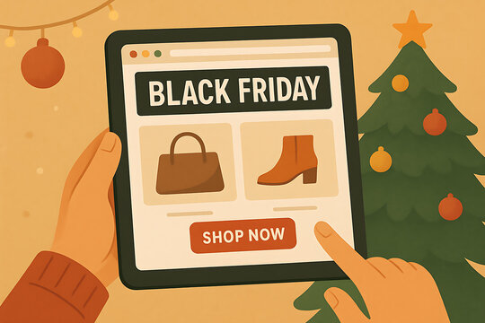 Retro Flat Illustration of Hand Shopping Black Friday Deals on Tablet Screen