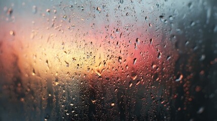 Raindrops on window glass with blurred warm sunset light and dark moody background