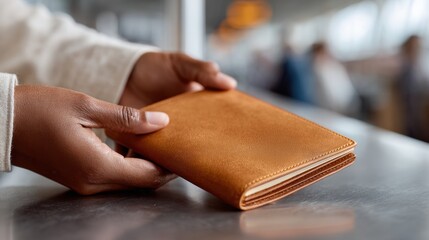 Airport Travel — Hands Presenting Tan Leather Passport Holder, Calm Anticipation, Clean Minimal Style for Boarding and Security Check, Concept Visual for Identity Verification and Modern