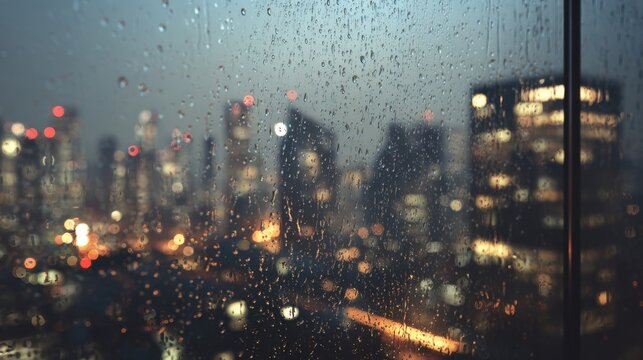 Rainy city skyline with bokeh lights seen through a water streaked window at night - Powered by Adobe