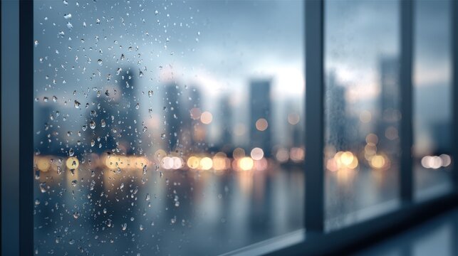 Raindrops on windowpane with blurred cityscape and bokeh lights visible