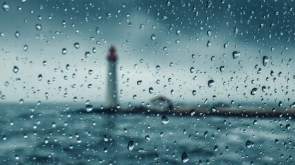 Lighthouse visible through rain streaked glass overlooking a choppy sea