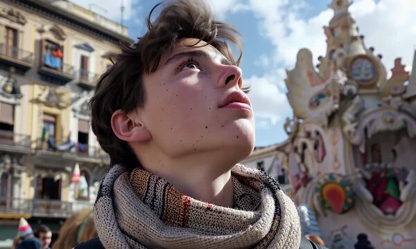 Young Boy Watching a Carnival Parade with Wonder and Awe boy child kid teenager