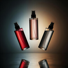 Three elegant perfume bottles suspended in mid air