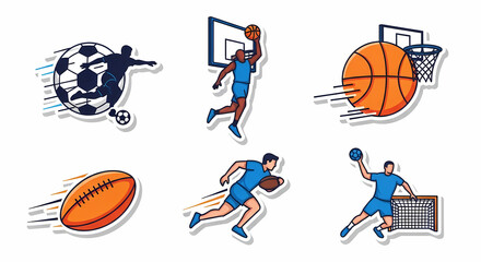 Various sports players in action with balls isolated on white background illustration