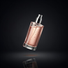 Elegant rose gold perfume bottle floating against a dark background