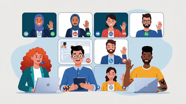 Diverse professionals engage in a virtual online video conference, fostering collaboration and communication in a modern remote work environment