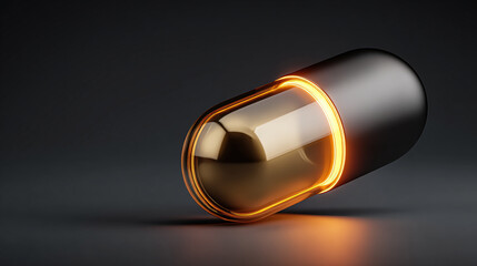 A close-up shot of a golden pill with an elegant design