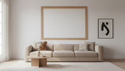 Minimalist living room with large wooden frame on white wall