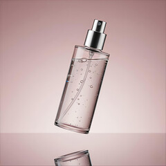Clear skincare bottle with pump dispenser floating mid air