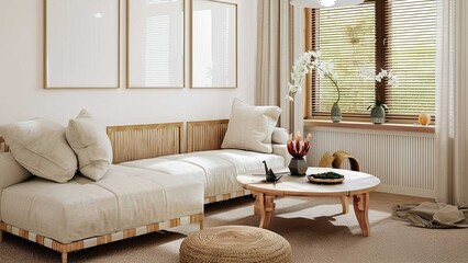 Fototapeta premium Neutral Japandi living room with linen sectional sofa, wooden accents, blank wall frames, round coffee table, natural fibers, pendant lights, and serene minimal decor.