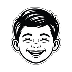 Joyful black and white illustration of a young boy s smiling face