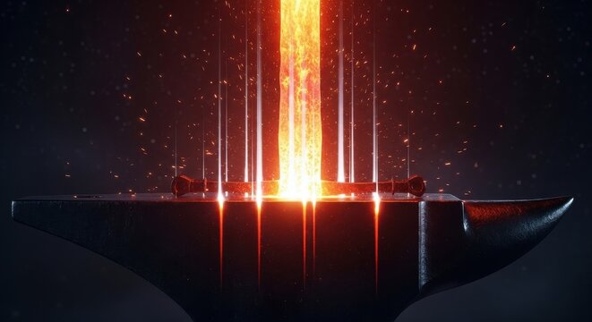 Bright glowing sword blade emerging from an anvil with sparks and light