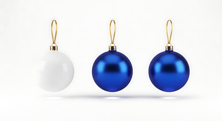 Three glossy Christmas baubles in elegant white and vibrant blue, suspended with golden caps on a pristine white background, capturing the festive spirit and modern holiday decor