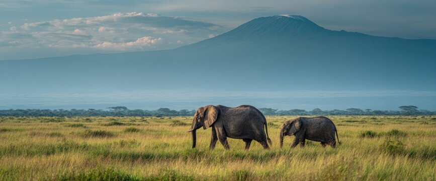 Two elephants in a golden savanna landscape, a mountain in the hazy background - Powered by Adobe