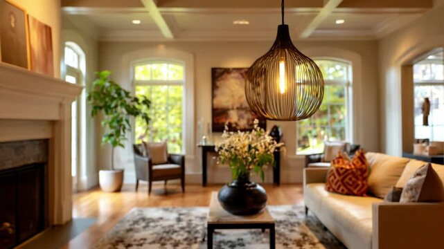 Cozy modern living room with hanging light fixture and natural decor