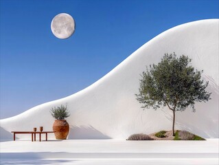 A minimalist courtyard features a lone olive tree, a large terracotta pot with a plant, a small wooden table with cups, and a full moon against a clear blue sky