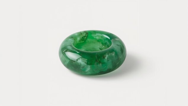 Jadeite green mineral ring carved smoothly on plain white background