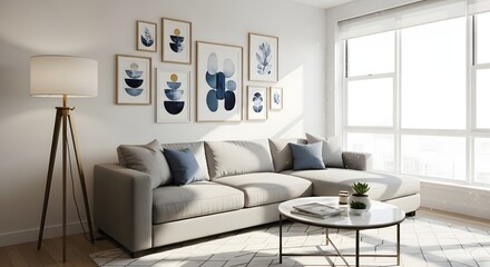 Modern living room with sectional sofa, abstract art, and light.