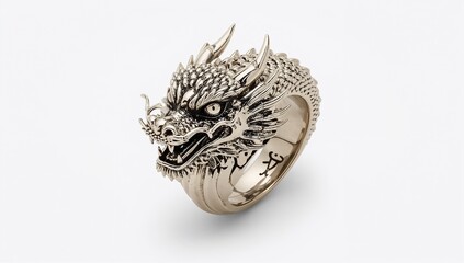 Dragon themed mythical ring showcasing fierce details on plain white background
