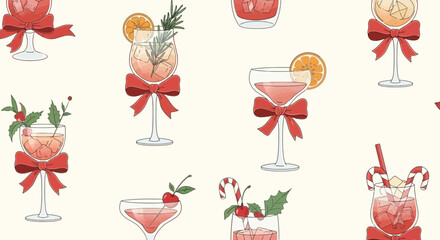 Festive Cocktails A Holiday Celebration of Delicious Mixed Drinks and Garnishes on a Cream Background