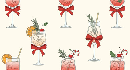 Festive Cocktail Collection A Pattern of Holiday Drinks with Bows and Garnishes on Cream Background