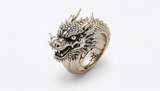 Dragon themed mythical ring showcasing fierce details on plain white background