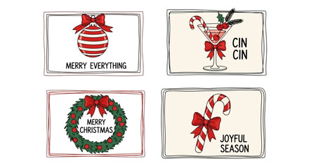 Festive Christmas Icon Set Celebrating Joyful Seasons with Ornaments, Cocktails, Wreaths, and Candy Canes