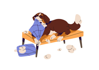 Cute naughty dog destroys house, furniture. Hyperactive puppy torns, chewing pillows. Happy pet with unwanted, inappropriate behavior does mess, damage. Flat isolated vector illustration on white.