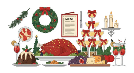 Festive Christmas Feast Illustration A Delightful Collection of Holiday Dishes and Decorations