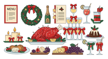 Festive Christmas Feast Illustration A Delightful Collection of Holiday Dishes and Decorations