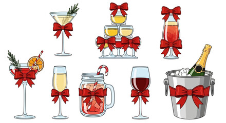 Festive Drinks Collection Cocktails, Champagne, Wine, and More with Holiday Bows for Celebrations