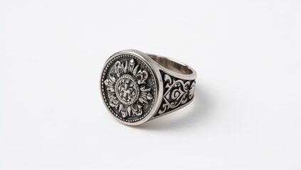 Medieval knight style ring with heraldic accents on plain white background
