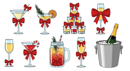 Festive Cocktails and Drinks Collection with Red Bow Decorations for Holiday Celebrations