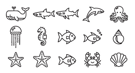Fototapeta premium Sea Animals Icons Set Black and White Minimalist Outlines