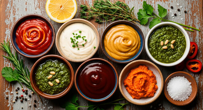 Top view of assorted dipping sauces with herbs and spices