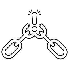 thin line exclamation mark like broken chain icon. flat stroke art trend modern linear disruption logotype graphic design isolated on white background. concept of system error or unleash or disconnect