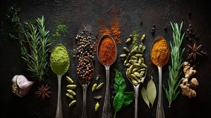 cumin. Artistic arrangement of culinary herbs and spices on a dark textured surface from above. menu design, packaging mockups, designed for food delivery and cloud-kitchen brand materials.