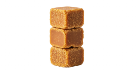 Stack of three brown sugar fudge cubes isolated on transparent alpha channel background