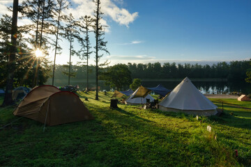キャンプ場での朝の光を浴びるテント