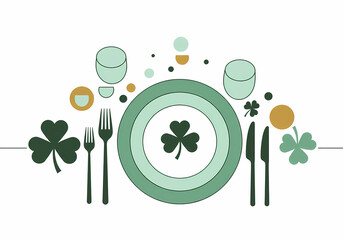 Elegant green dinner table setting with shamrock decorations  